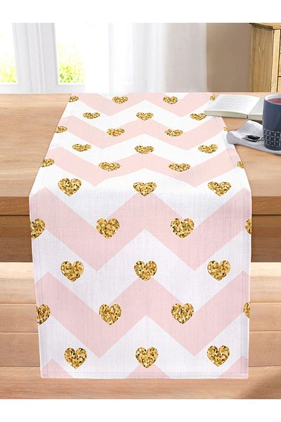 Realhomes Pink Zigzag Patterned Gold Detailed Modern Stitched Raschel Knitted Runner