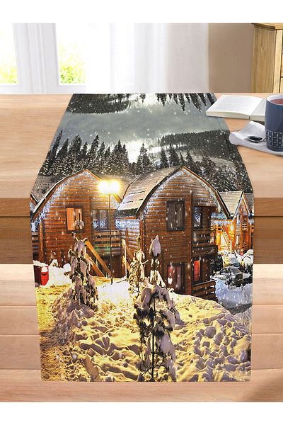 Realhomes Snowy House Scenery Digital Printed Decorative Modern Stitched Raschel Knitted Runner