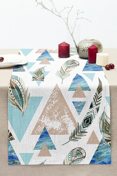 Realhomes Feather Motif Geometric Shapes Digital Printed Stitched Raschel Knitted Runner