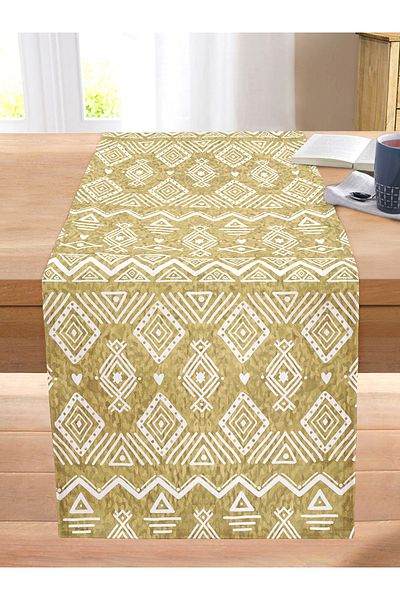 Realhomes Digital Printed Modern Stitched Raschel Knitted Runner with White Bohemian Drawing on Gold Background