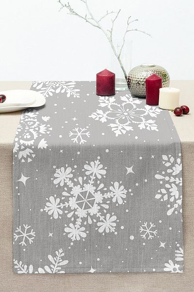 Realhomes Gray Background Snowflakes Themed Modern Design Modern Stitched Raschel Knitted Runner