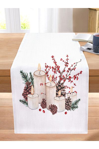 Realhomes Christmas Themed Digital Printed Decorative Stitched Raschel Knitted Runner with Candle & Cone Design