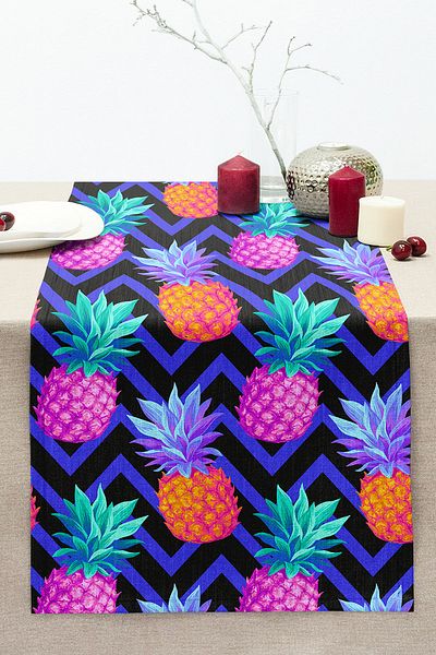 Realhomes Blue Zigzag Background Pineapple Pattern Decorative Stitched Raschel Knitted Runner