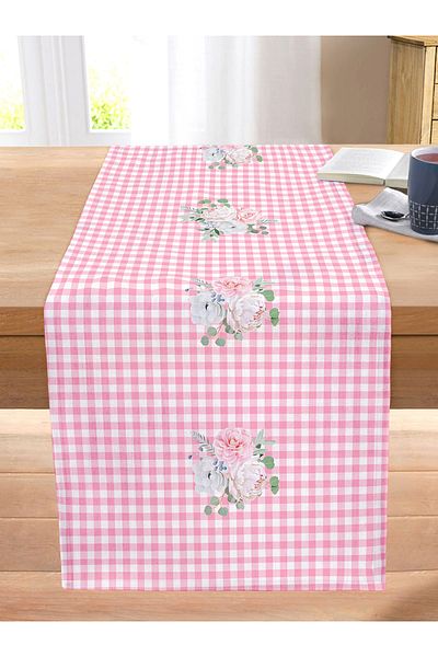 Realhomes Pink Plaid Motif Rose Design Modern Stitched Raschel Knitted Runner
