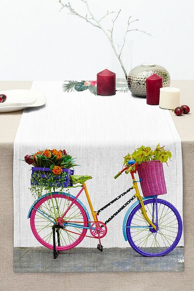 Realhomes Bicycle Patterned Digital Printed Decorative Stitched Raschel Knitted Runner