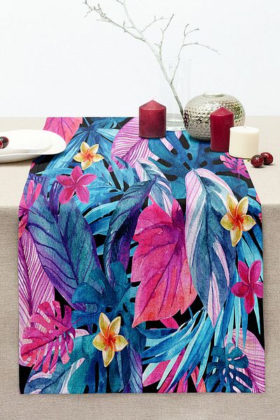 Realhomes Colorful Flowers on Blue Background Modern Stitched Raschel Knitted Runner