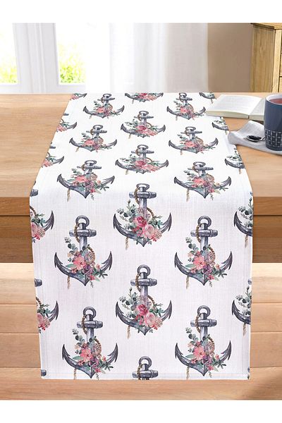 Realhomes Digital Printed Modern Stitched Raschel Knitted Runner with White Background Anchor Motif