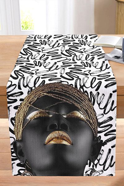 Realhomes Wavy Black and White Background African Women's Motif Stitched Raschel Knitted Runner