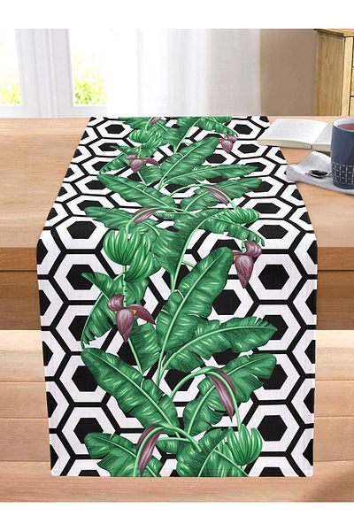 Realhomes Stitched Raschel Knitted Runner with Geometric Background and Green Tropical Leaf Design