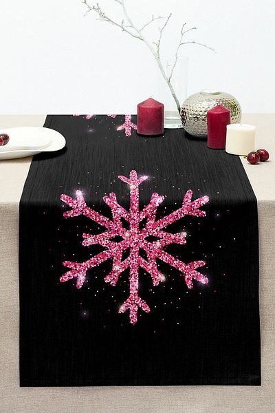 Realhomes Pink Colored Snowflake Patterned Digital Printed Modern Stitched Raschel Knitted Runner with Black Background