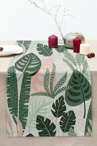 Realhomes Dark Colored Leaf Patterned Digital Printed Modern Stitched Raschel Knitted Runner on Soft Coloured Floor