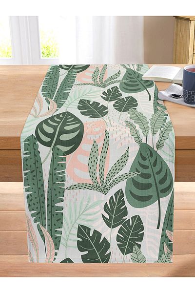 Realhomes Dark Colored Leaf Patterned Digital Printed Modern Stitched Raschel Knitted Runner on Soft Coloured Floor