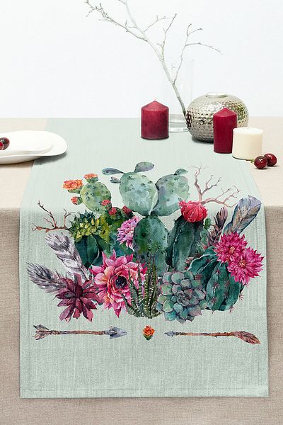 Realhomes Digital Printed Modern Stitched Raschel Knitted Runner with Arrows and Cactus Pattern on Colorful Background