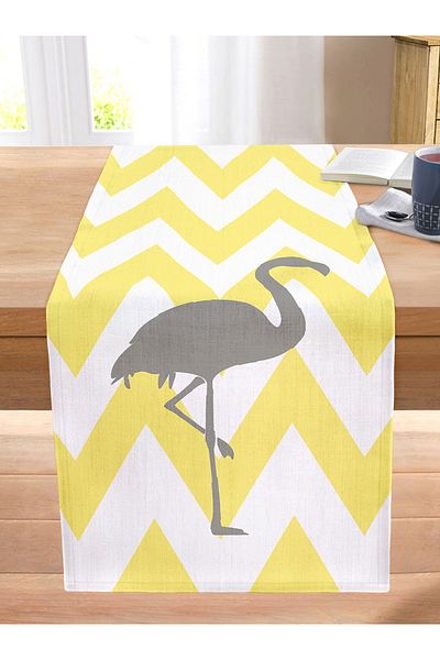 Realhomes Yellow Gray Zigzags and Flamingo Patterned Stitched Raschel Knitted Runner