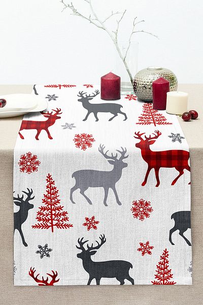 Realhomes New Year's Motifs on White Background Digital Printed Stitched Raschel Knitted Runner
