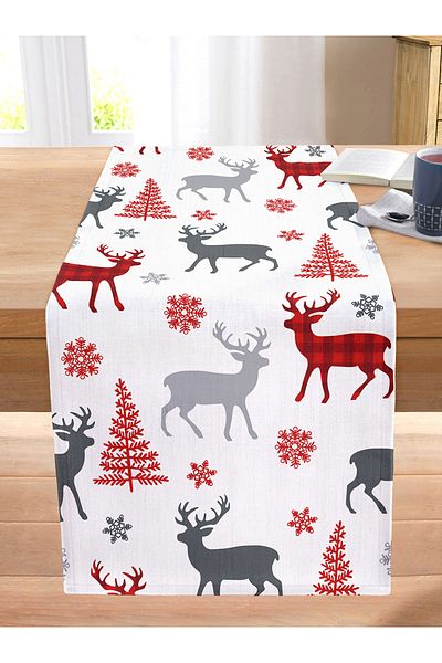 Realhomes New Year's Motifs on White Background Digital Printed Stitched Raschel Knitted Runner