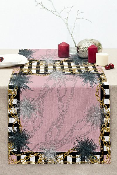 Realhomes Chain Patterned Special Design Digital Printed Modern Stitched Raschel Knitted Runner on Pink Floor