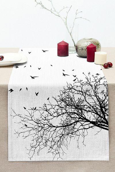 Realhomes Digital Printed Stitched Raschel Knitted Runner with Tree Branch Bird Design