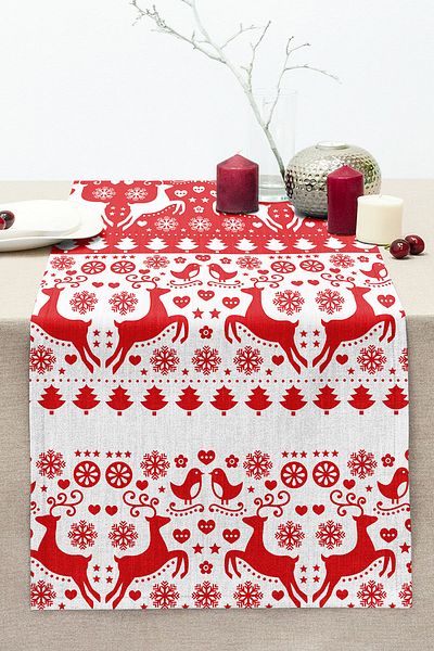 Realhomes Red White Christmas Deers Digital Printed Stitched Raschel Knitted Runner