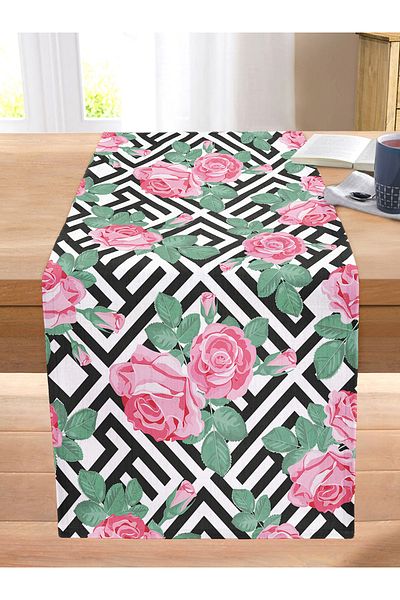Realhomes Mixed Patterned Rose Digital Printed Decorative Stitched Raschel Knitted Runner