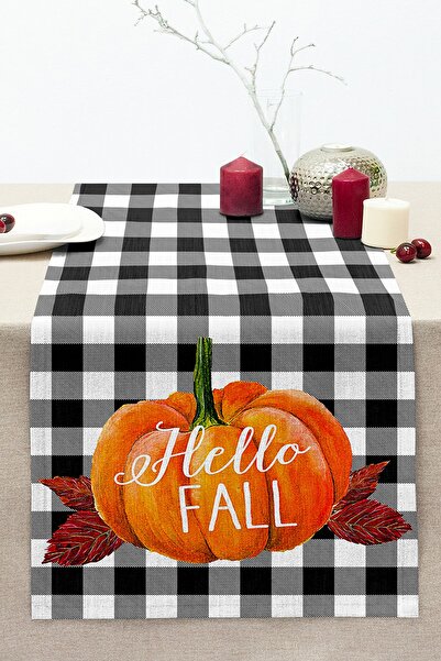 Realhomes Siyah Beyaz Ekose Kabak Temalı Dekoratif Dikişli Raşel Örme Runner