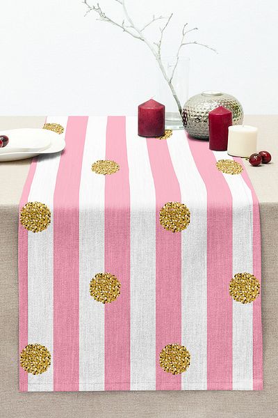 Realhomes Pink Striped Gold Polka Dot Specially Designed Stitched Raschel Knitted Runner