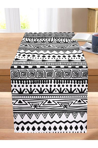Realhomes Black and White Decorative African Motif Modern Stitched Raschel Knitted Runner