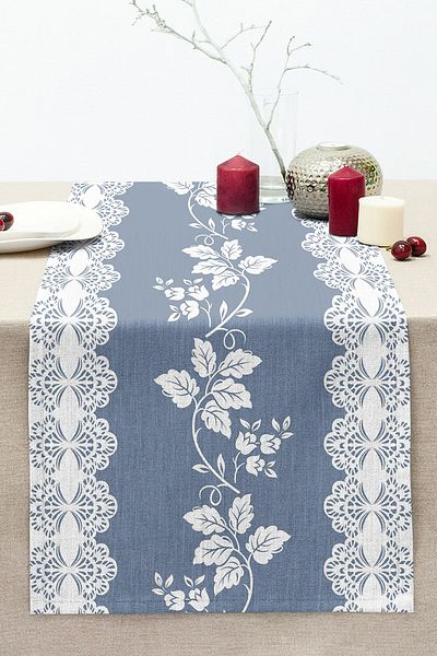 Realhomes Blue Background Oriental Motif Rose Themed Stitched Raschel Knitted Runner