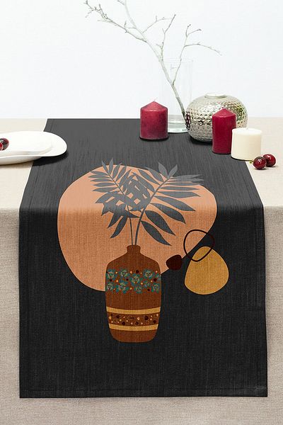 Realhomes Dark Gray Floored Vase Themed Decorative Stitched Raschel Knitted Runner