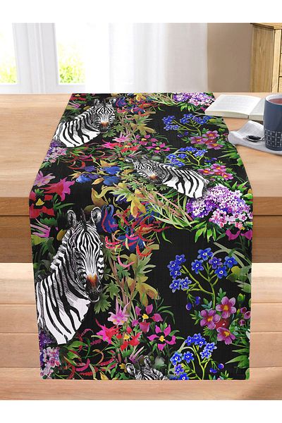 Realhomes Digital Printed Stitched Raschel Knitted Runner with Amazon Zebra Design on Black Background