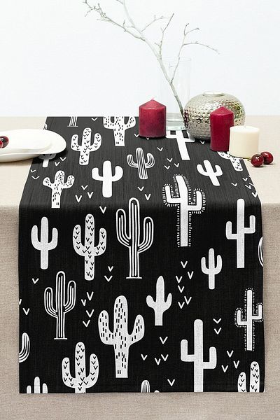 Realhomes Black and White Cactus Digital Printed Decorative Stitched Raschel Knitted Runner