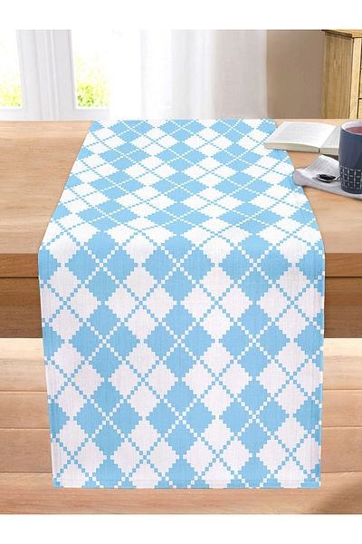 Realhomes Square Patterned Digital Printed Modern Stitched Raschel Knitted Runner on Blue Background