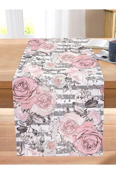 Realhomes Gray Line Patterned Cross Stitch Flower Motif Stitched Raschel Knitted Runner