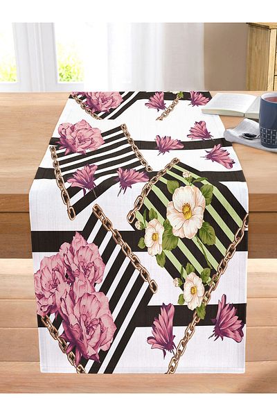 Realhomes Special Design Digital Printed Modern Stitched Raschel Knitted Runner with Flower Pattern on Striped Background