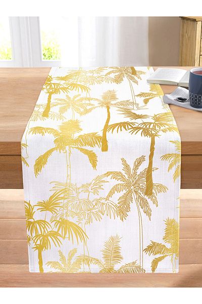 Realhomes Gold Colored Palms Specially Designed Stitched Raschel Knitted Runner