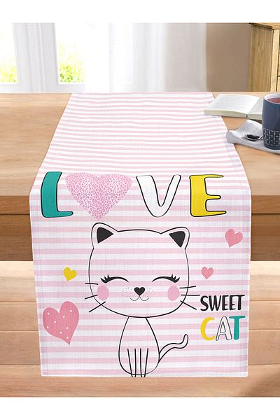 Realhomes Modern Stitched Raschel Knitted Runner with Sweet Cat Design on Pink Striped Floor