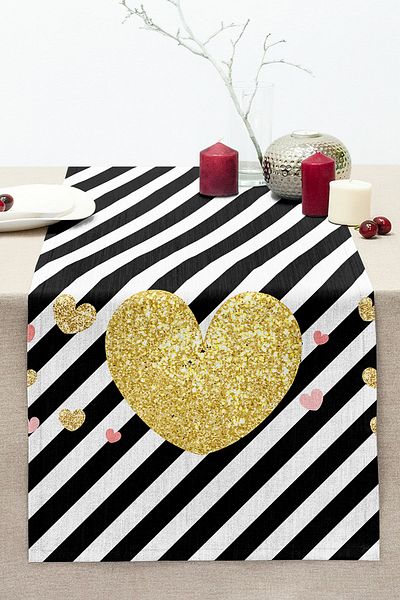 Realhomes White Background Black Horizontal Striped Gold Detail Heart Pattern Digital Printed Modern Stitched Raschel Runner