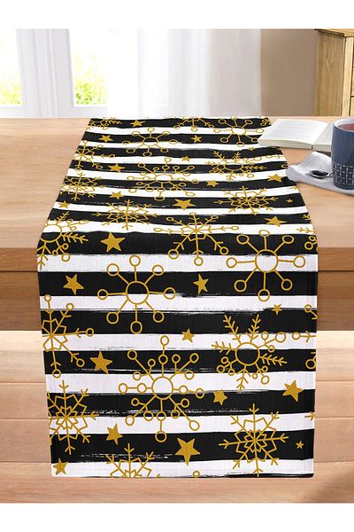 Realhomes White Background Black Striped Gold Patterned Snowflake Digital Printed Modern Stitched Raschel Knitted Runner