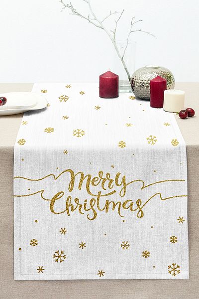 Realhomes White Background Gold Detail Snowflake Merry Christmas Written Digital Printed Stitched Raschel Knitted Runner