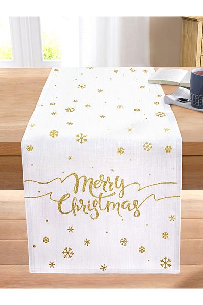 Realhomes White Background Gold Detail Snowflake Merry Christmas Written Digital Printed Stitched Raschel Knitted Runner