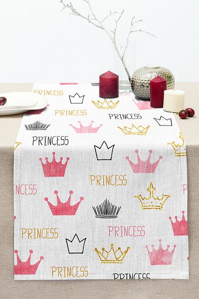 Realhomes Powder Color Princess Crown Motif Digital Printed Modern Stitched Raschel Knitted Runner