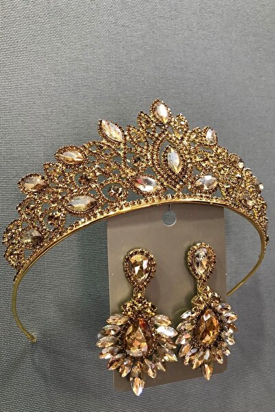 Hobigram Hair Accessory Gold Color Crystal Glass Stone Bridal Tiara and Earring Set – Bridal Accessory, Stylish Design