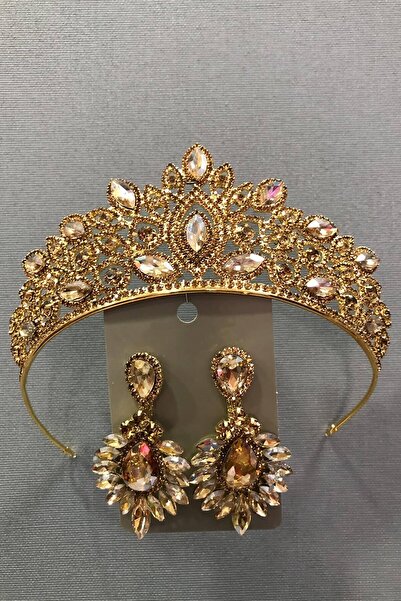 Hobigram Hair Accessory Gold Color Crystal Glass Stone Bridal Tiara and Earring Set – Bridal Accessory, Stylish Design