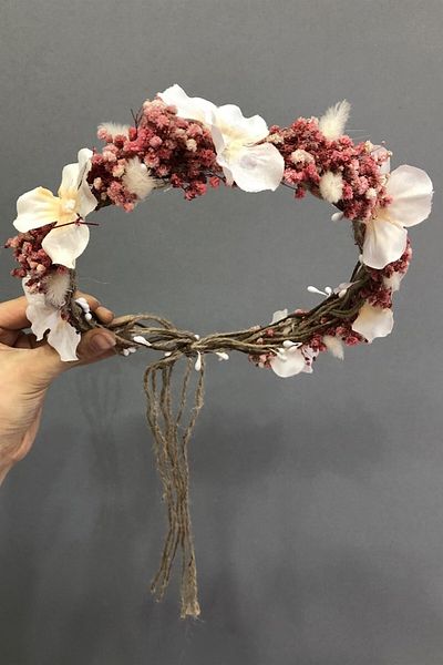 Hobigram Coroană de flori uscate cu somon roz special pentru nunți – Coroană, piatră de cristal, model elegant, coroană de mireasă – Coroană –