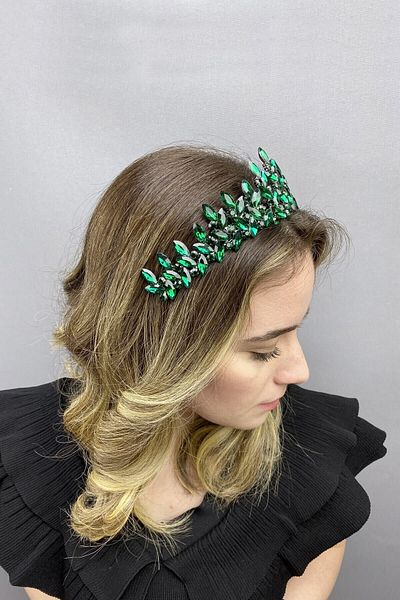 Hobigram Accesoriu Mireasa Coroana de Mireasa Model Subra Verde – Coroana, Pietre de Cristal, Model Elegant, Coroana de Mireasa – Coroana