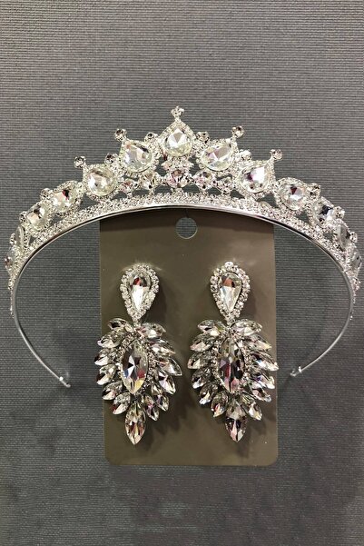 Hobigram Bridal Hair Accessory Silver Color Crystal Glass Stone Silver Color Henna Crown and Earring Set – Gelin Akse