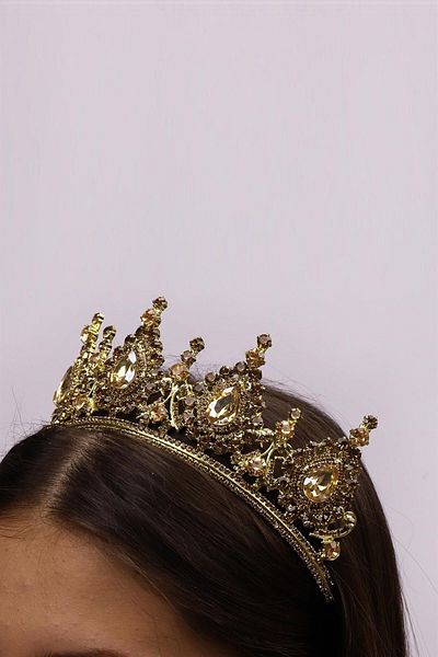 Hobigram Coroana de mireasa galbena cu piatra de cristal pentru mirese – Coroana, cu piatra de cristal, model elegant, coroana de mireasa – Coroana – Coroana