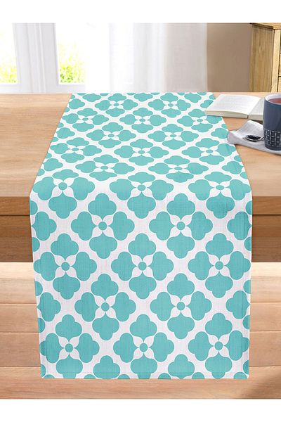 Realhomes Turquoise Colored Clover Patterned Digital Printed Stitched Raschel Knitted Runner