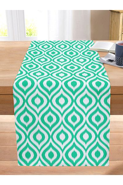 Realhomes Special Design Green Ikat Patterned Digital Printed Stitched Raschel Knitted Runner