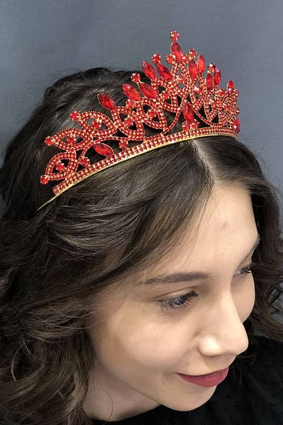 Hobigram تاج زفاف مزين بحجر كريستال خاص للعرائس باللون الأحمر - إكسسوار الزفاف، تصميم أنيق - إكسسوارات الزفاف